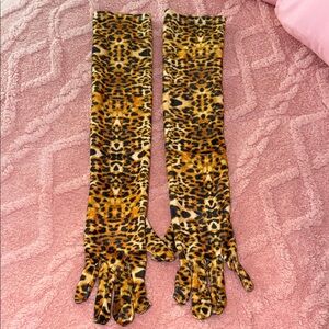 Leopard Print Velvet Dinner Dress Gloves Opera Stage Full Finger Long Gloves